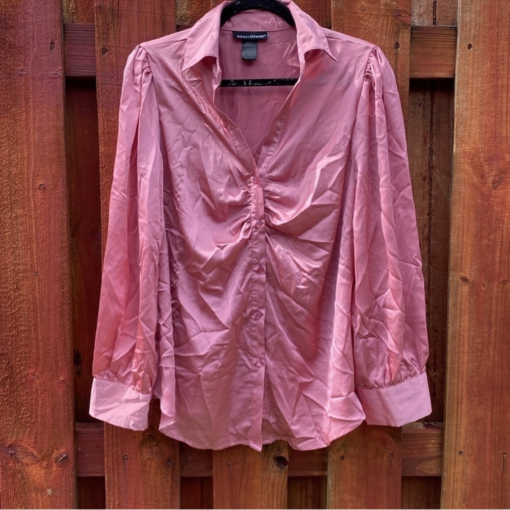 Ashley Stewart Pink Satin Ruched Front Button Down Blouse Size 14